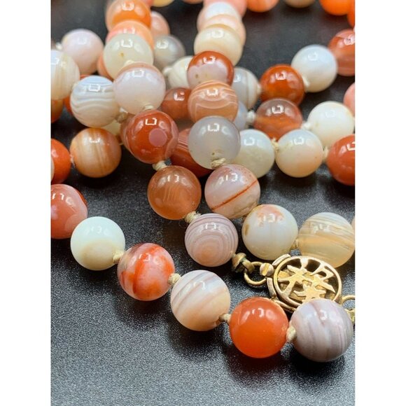 Striped Agate Necklace 14K Gold Hand Knotted Round Semi-Precious Stones Necklace - Picture 6 of 6
